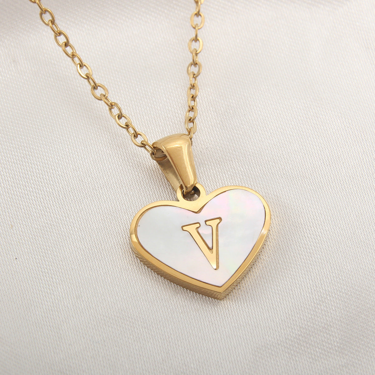 Personalized Heart-Shaped Letter Necklace – White Shell Love Chain